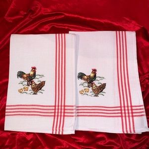 2 Embroidered Chicken rooster Tea Towels New